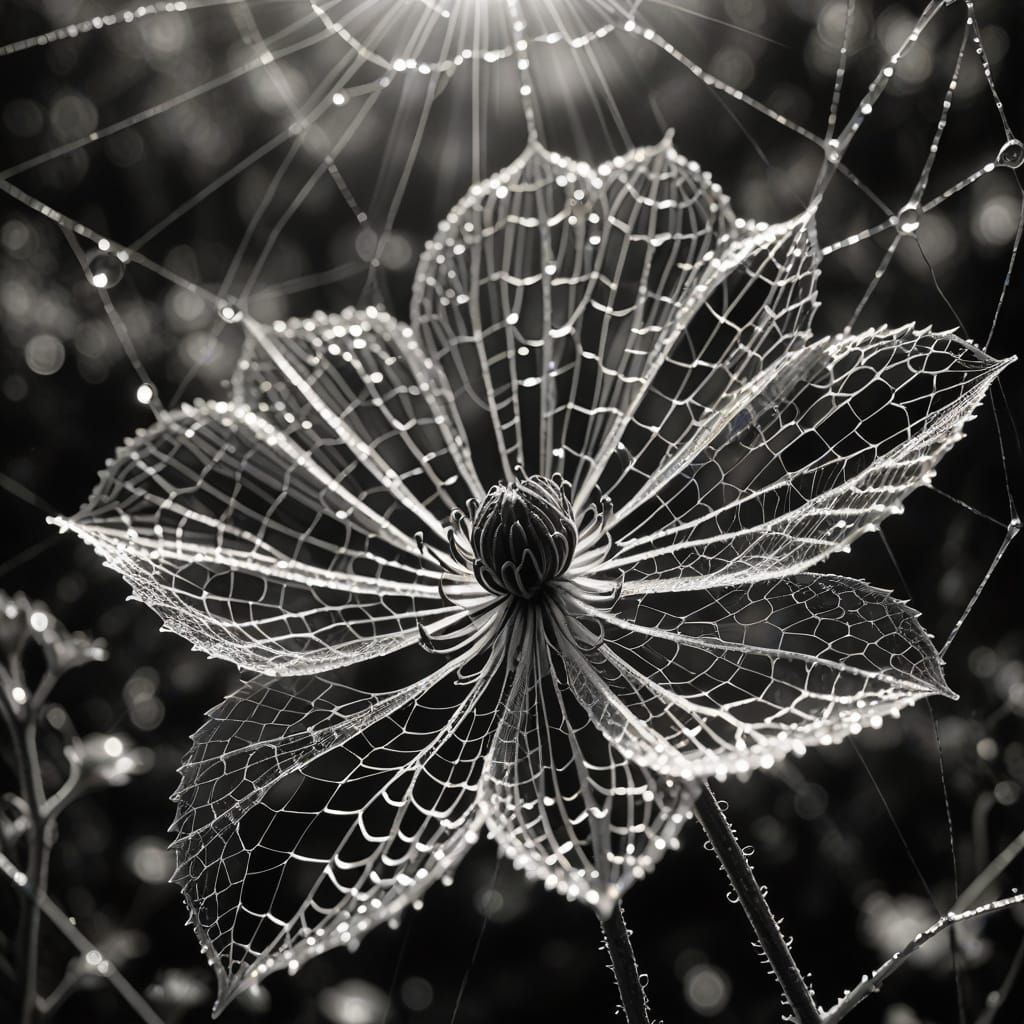 Fantastical Dew-Kissed Flower Woven From Web, Charcoal Art