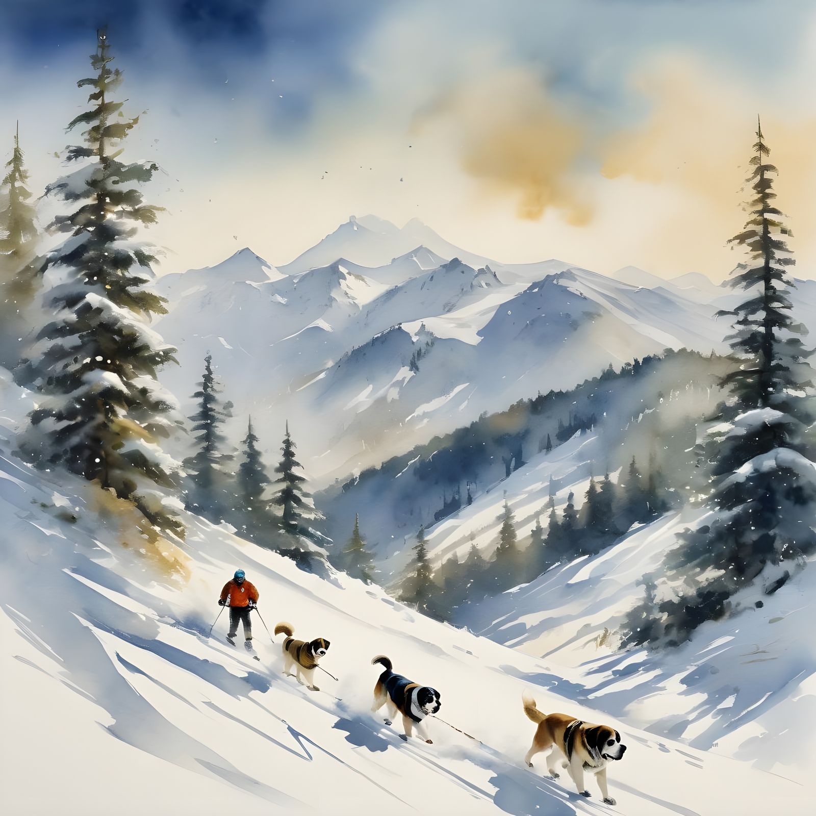 Skiers and St. Bernard Dogs as Watercolor Painting