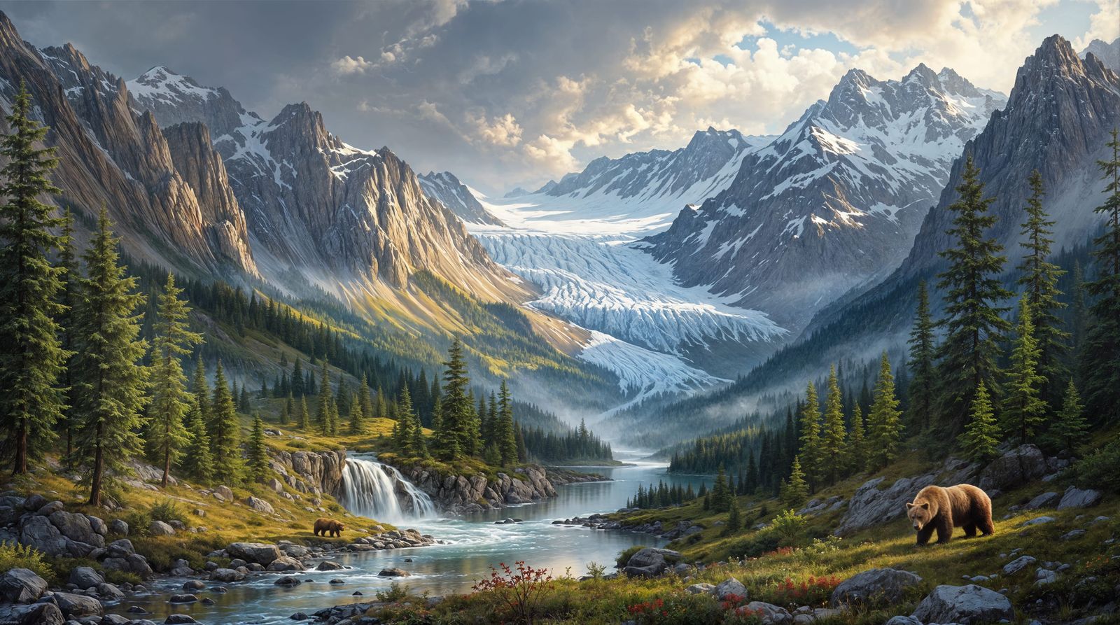 Majestic Norwegian-Style Landscape with Brown Bears