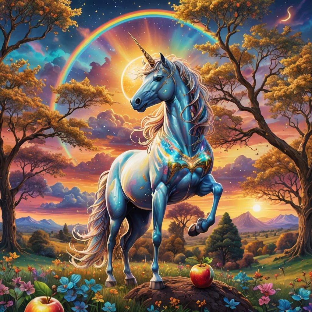 Unicorn and a rainbow on a sunset