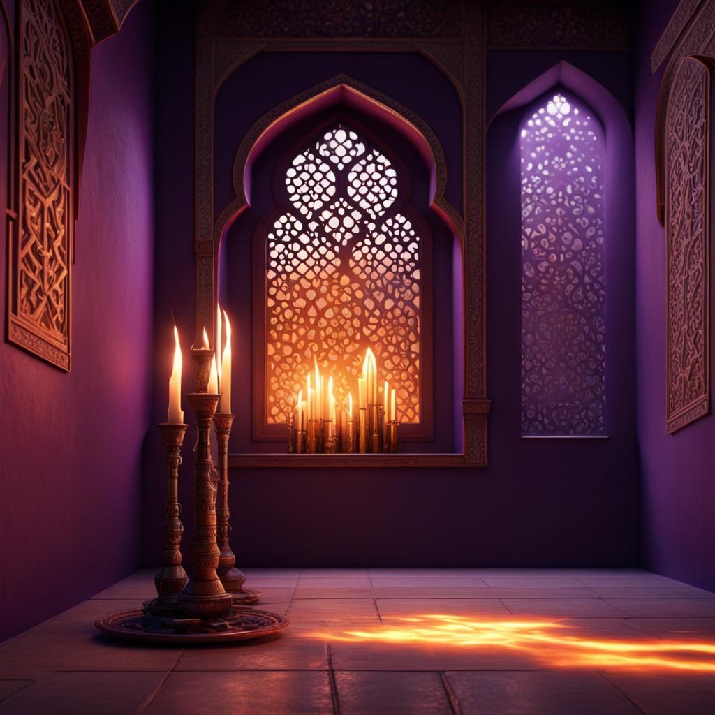 Intricate Mosque Interior with Flame Torches