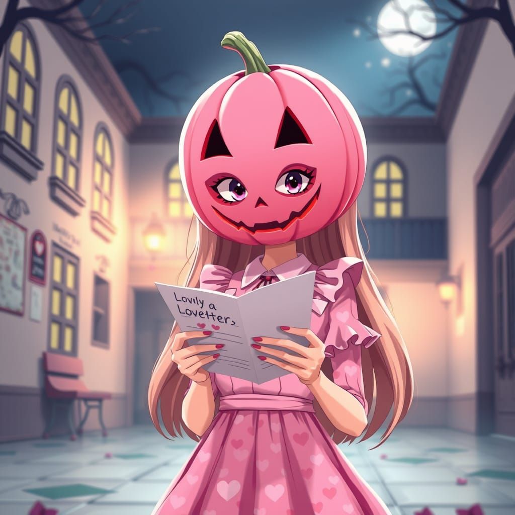 Cute Anime Girl With Pumpkin Mask Reads Love Letter