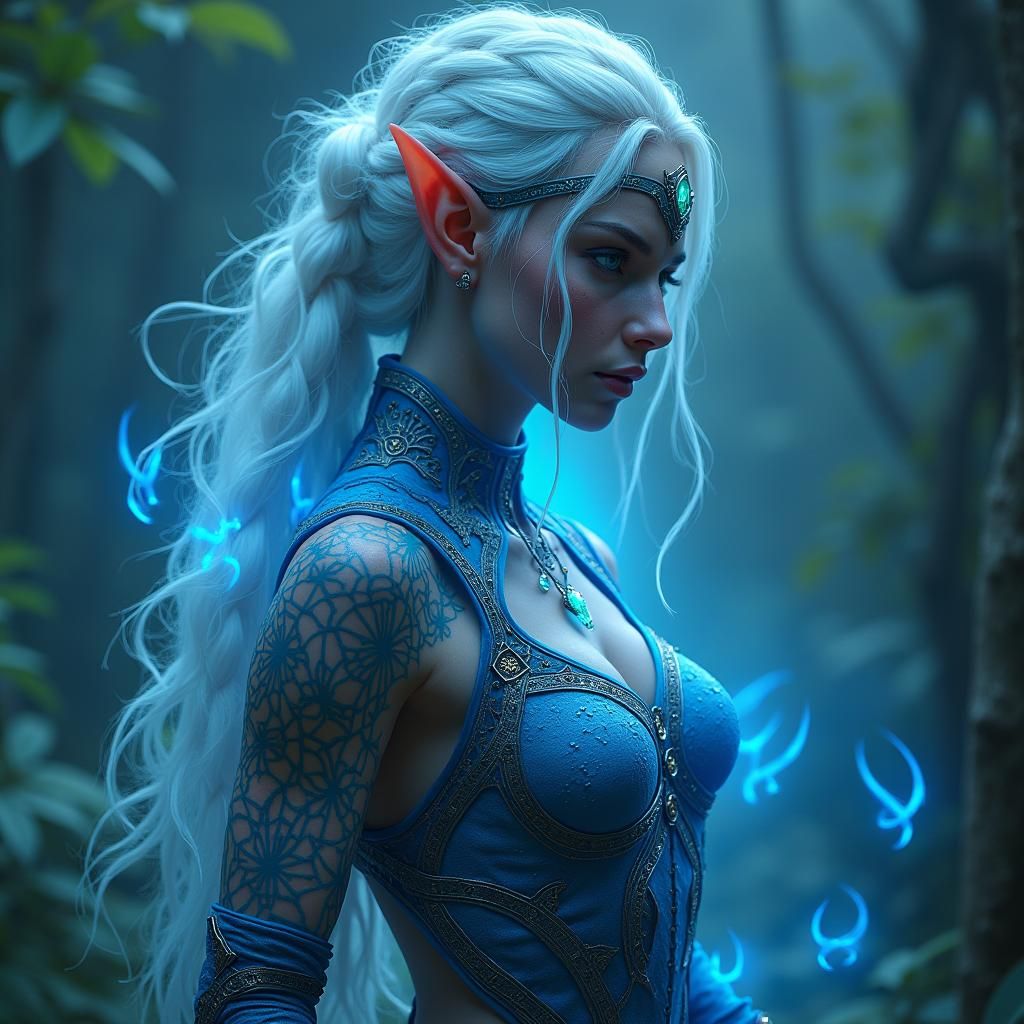 Elf Warrior in Azure Armor, Fantasy Concept Art