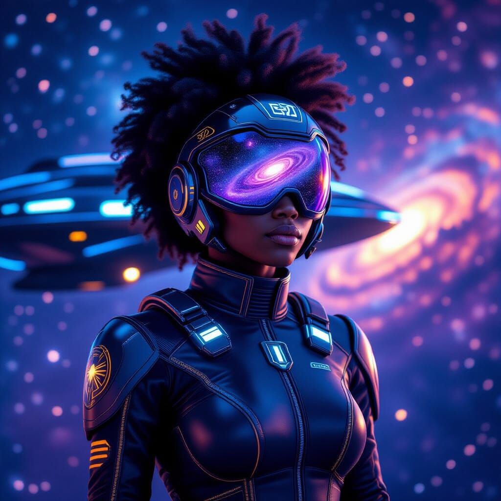 African Cosmic Pilot in Tribal Suit with Galaxy Afro