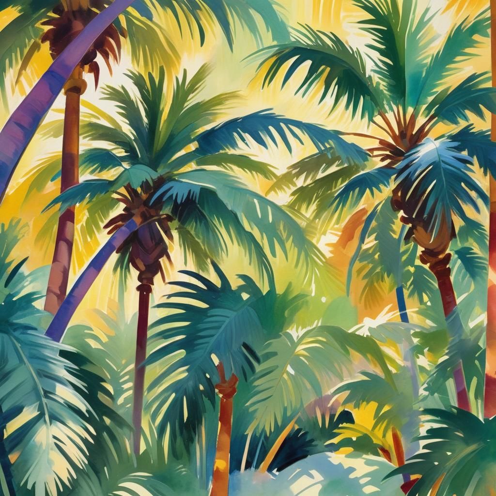 Palm Trees Swaying: Impressionist Gouache Watercolor Paintin...