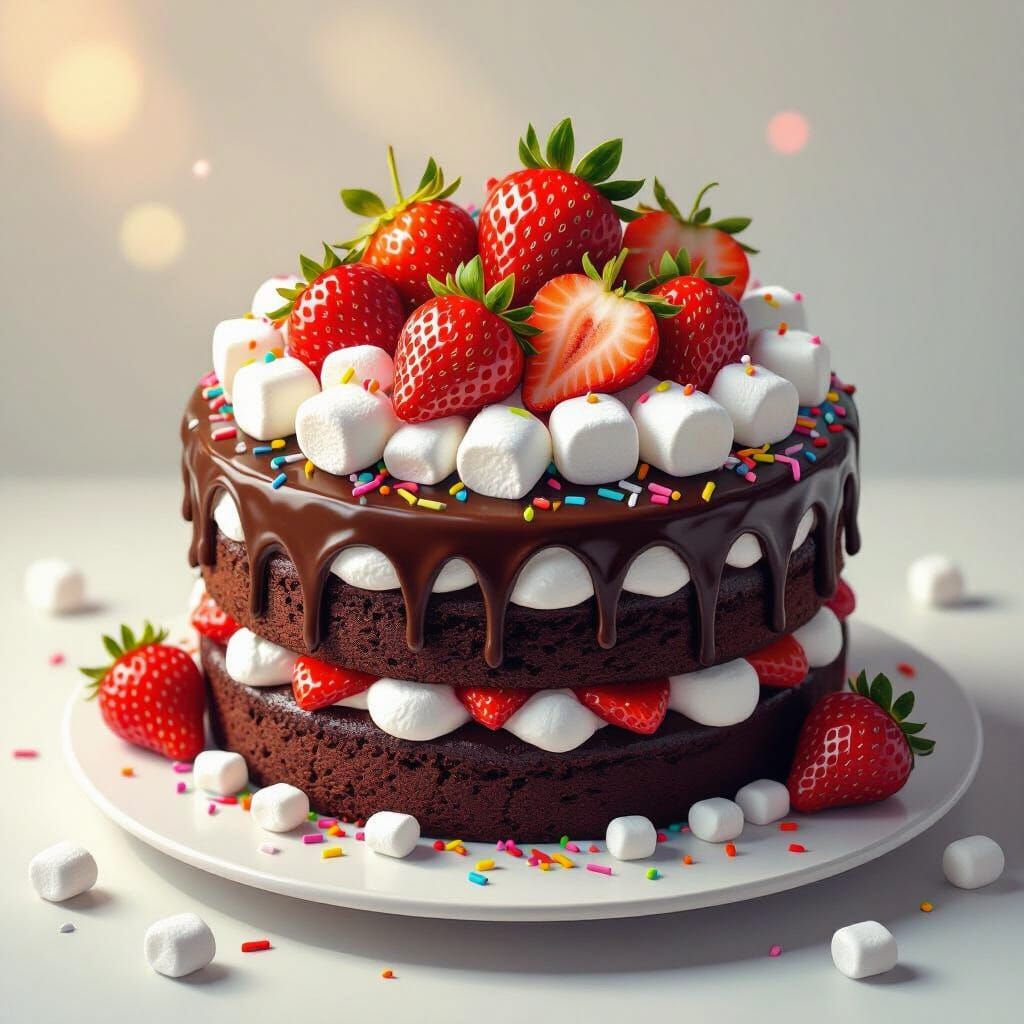 Whimsical Dessert: Chocolate Cake with Marshmallows and Stra...