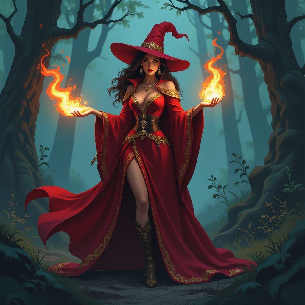 Fire Witch in Mystical Forest, Frazetta Style