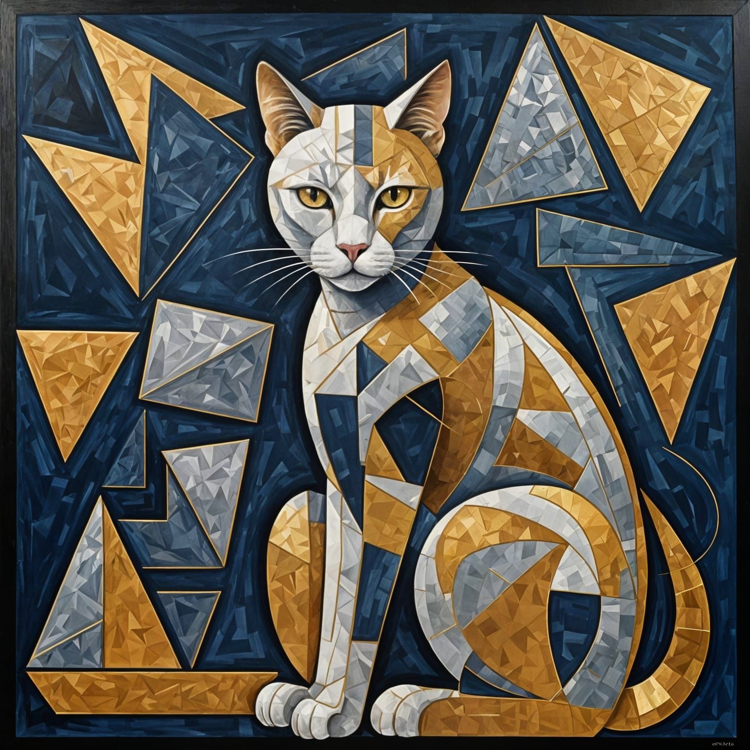 Elegant Cat in Cubist Style with Metallic Shapes