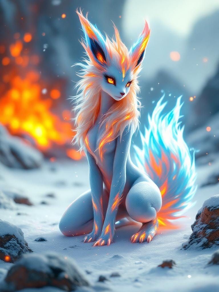 Evolved Fire-Ice Creature in Windswept Landscape