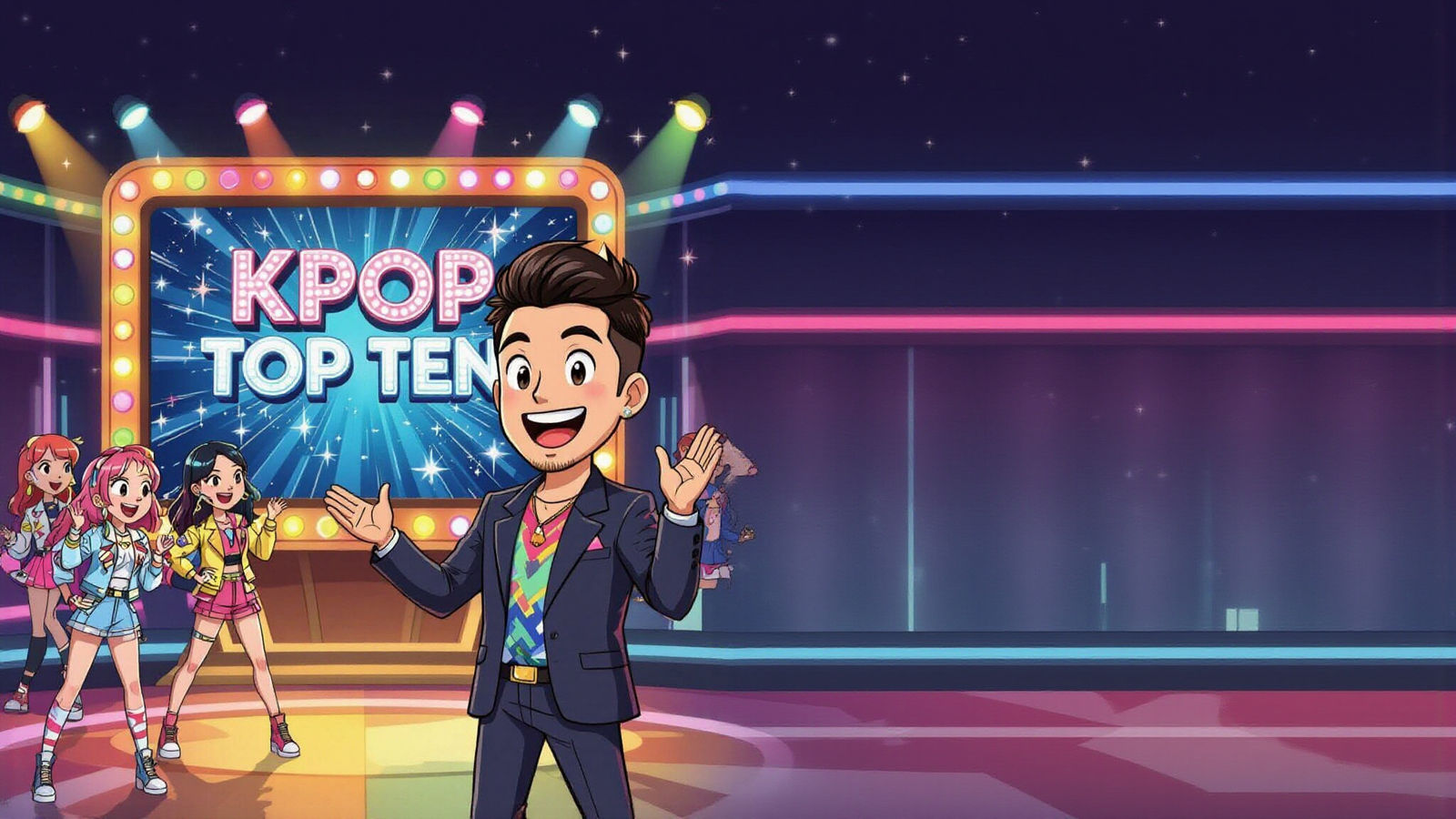 Vibrant KPOP Game Show Set with Lively Cartoon Style