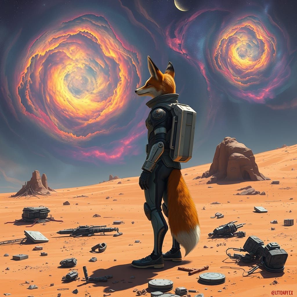 Fox Astronaut Gazing at Nebula in Futuristic Style