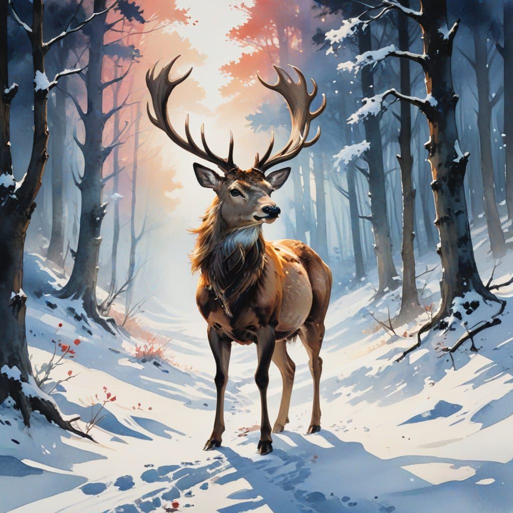 Ethereal Stag in Winter Forest: Chinese Ink and Watercolor F...
