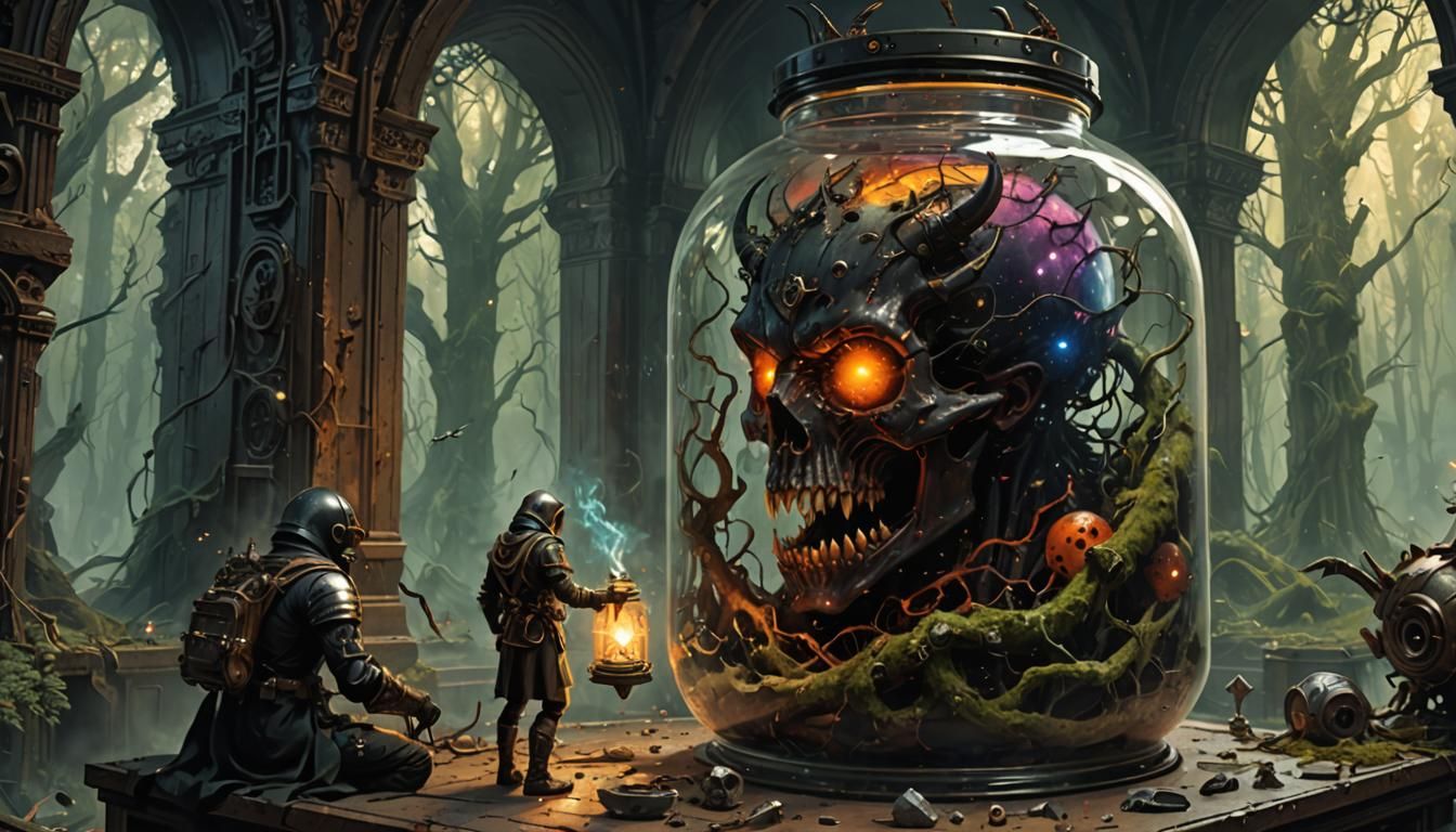 Dieselpunk Demon in Medieval Lab, Digital Illustration