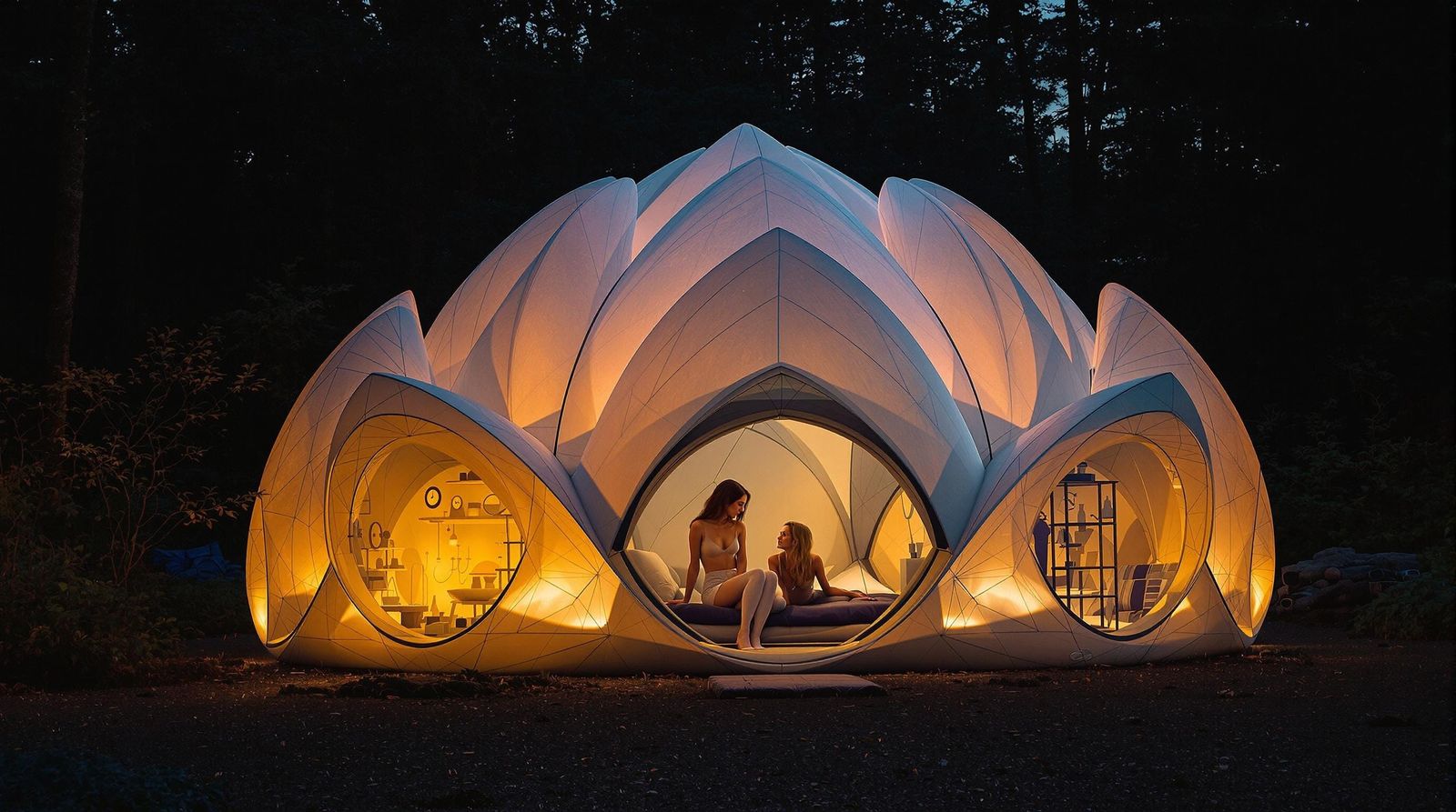 Lotus Tent in Dark Forest Glows with Inner Light