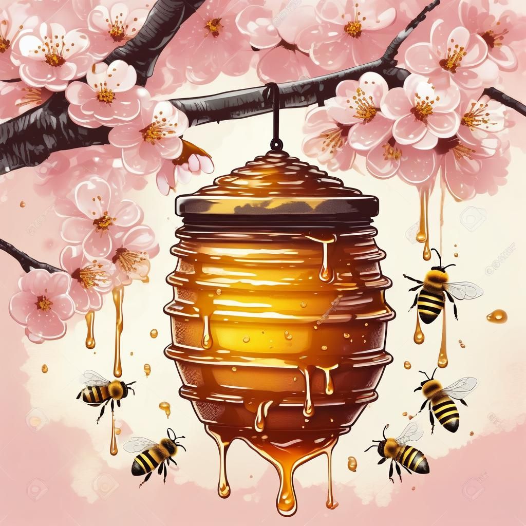 Beehive Dripping Honey on Cherry Blossom Branch