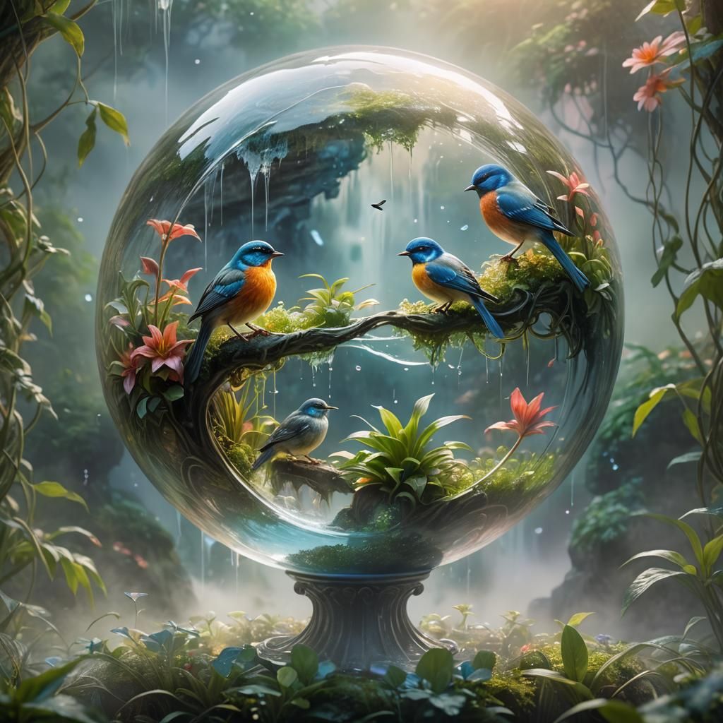 Dreamlike Birds in Glass Orb, Impressionistic Macro Photogra...