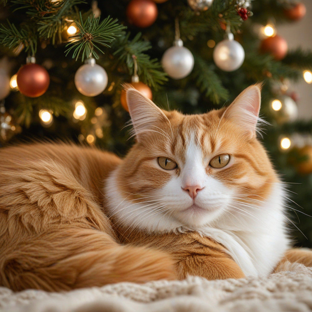 Warm Winter Scene with an Orange Cat Napping Under a Christm...