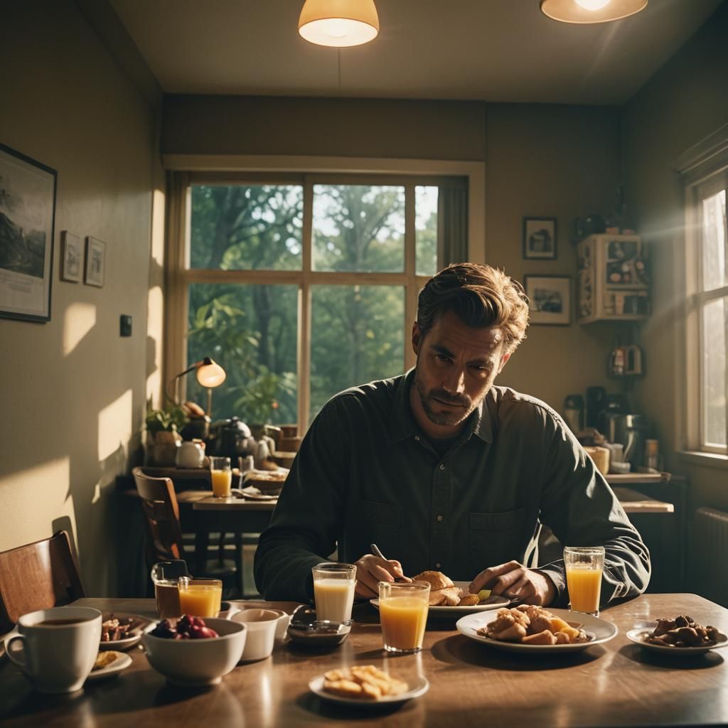 Man Enjoying Breakfast in Cinematic Style