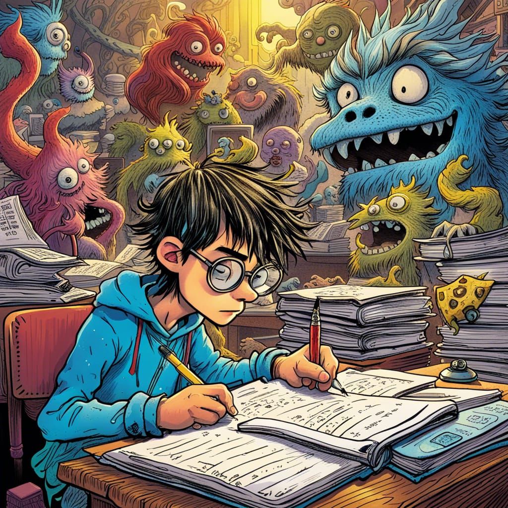 Teenager's Exam Nightmare: Whimsical Fantasy Art