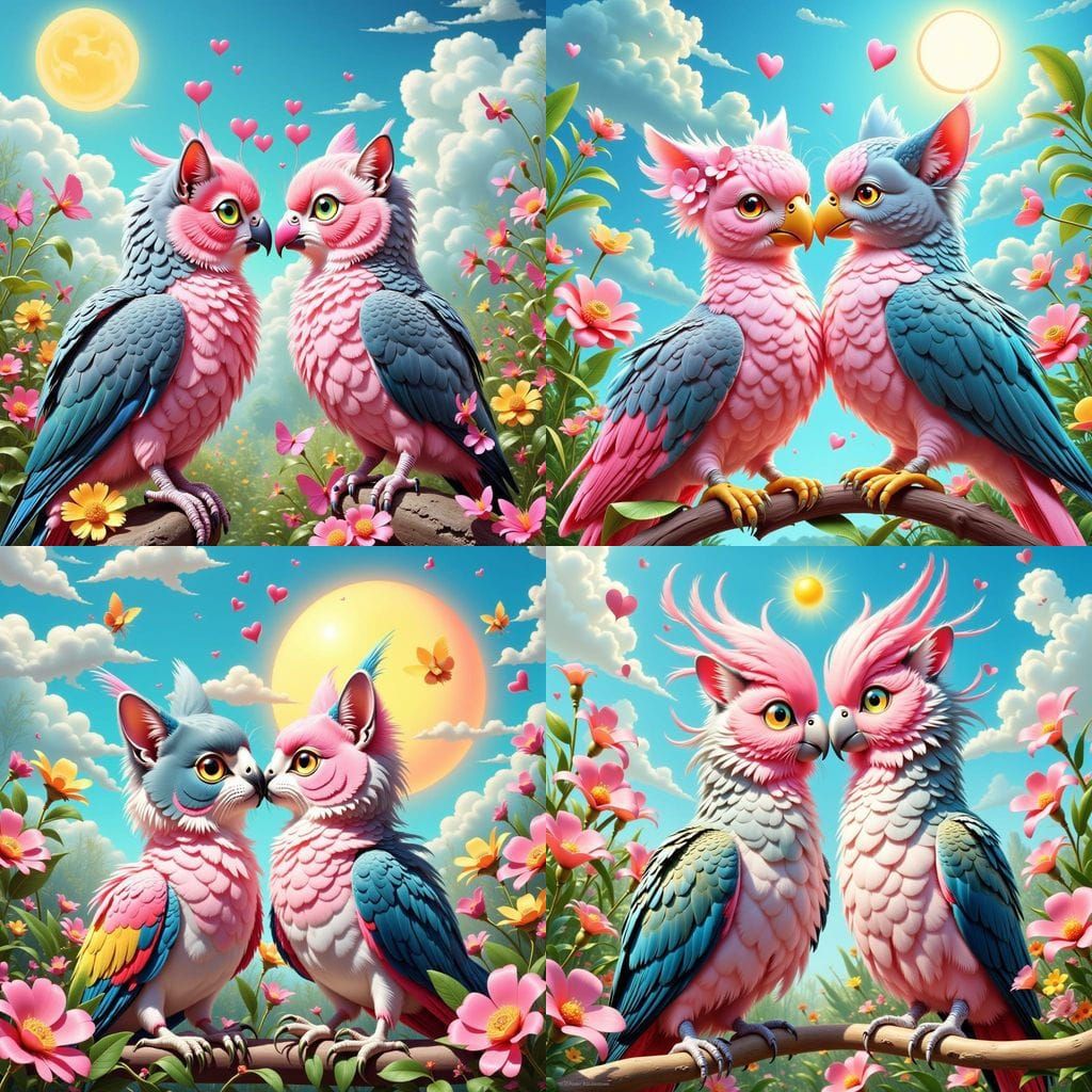 Whimsical Galah Hybrid Parrot Twin Share Tender Kiss