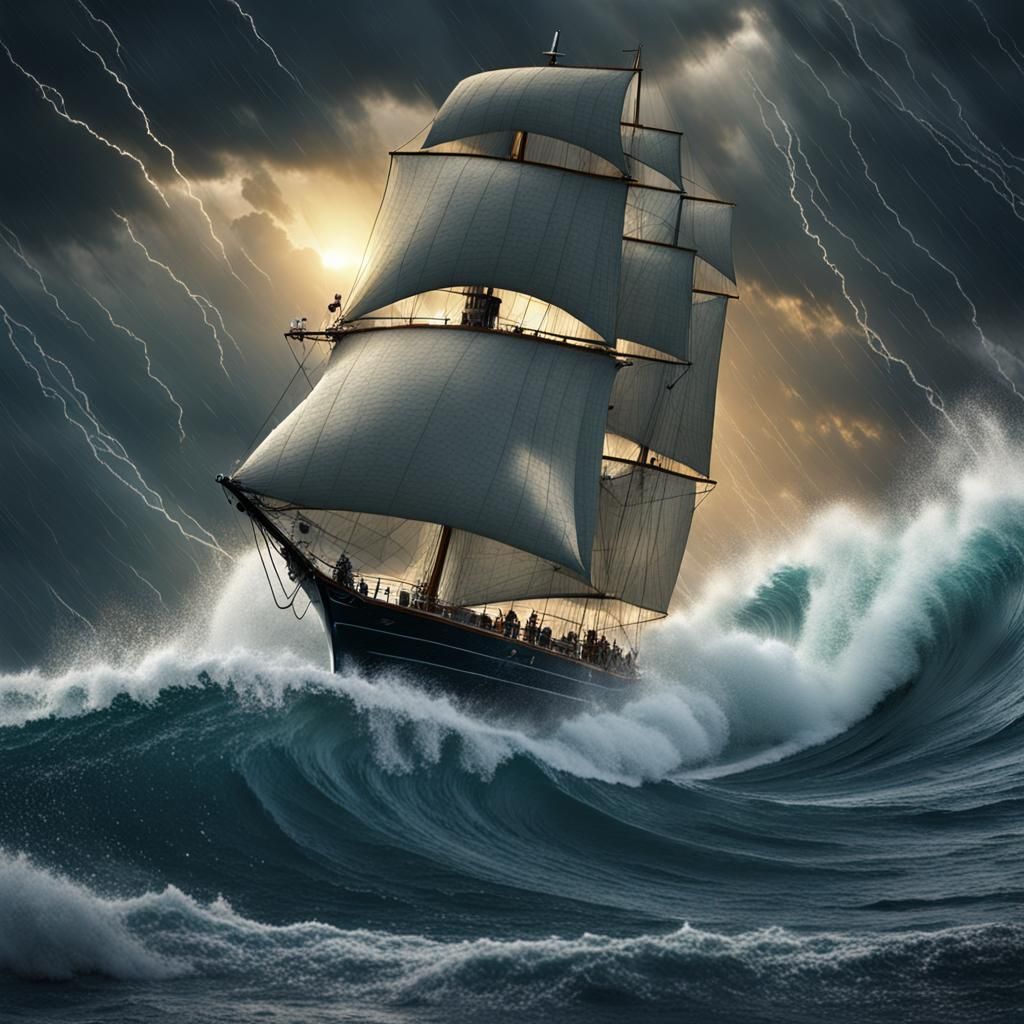 Sailboat Amidst Storm Waves: Fantasy Concept Art