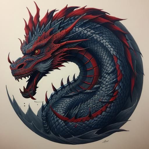 Japanese Dragon Tattoo Design in Crimson and Navy