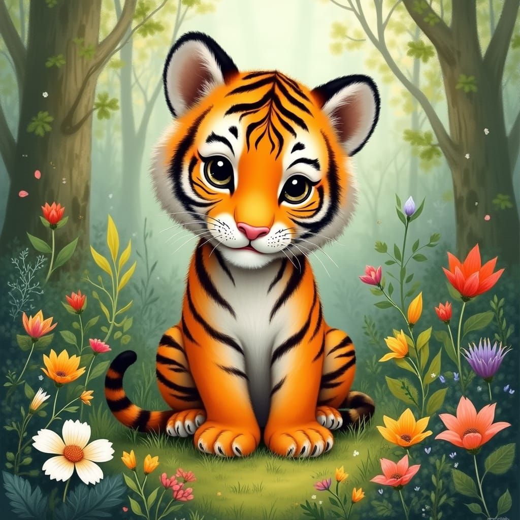 Whimsical Tiger Cub in Enchanted Forest