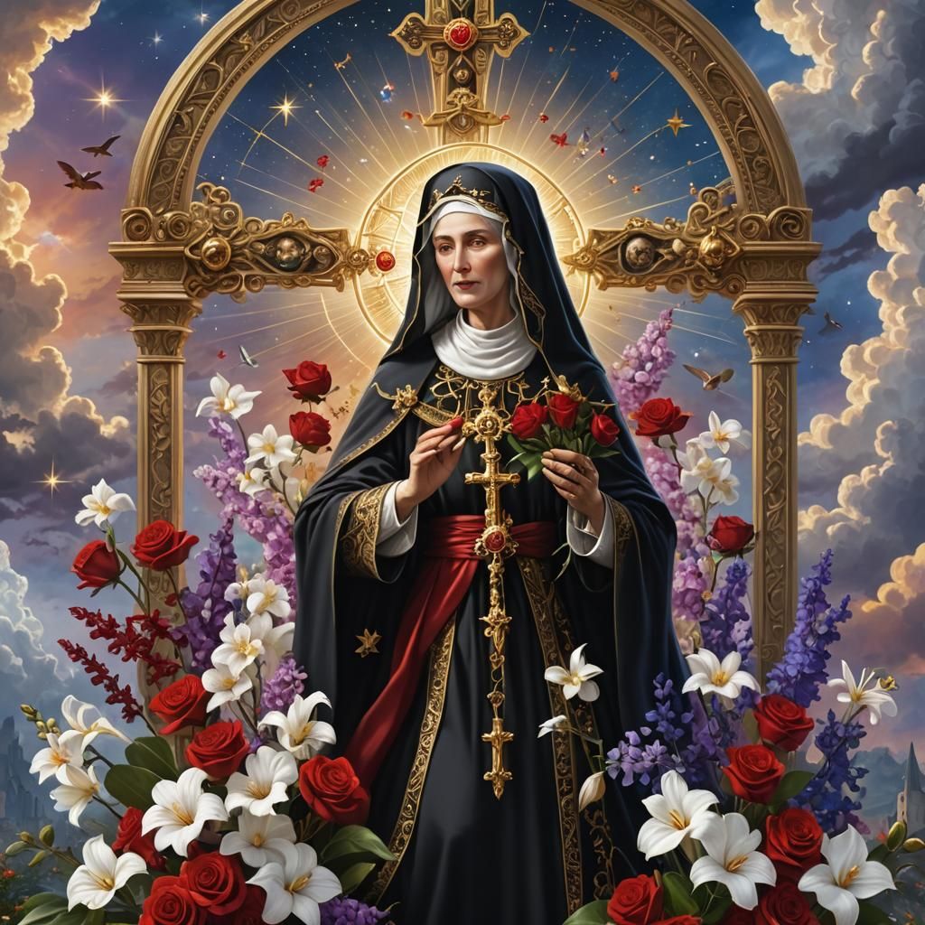 St Rita of Cascia with Roses in Radiant Sky