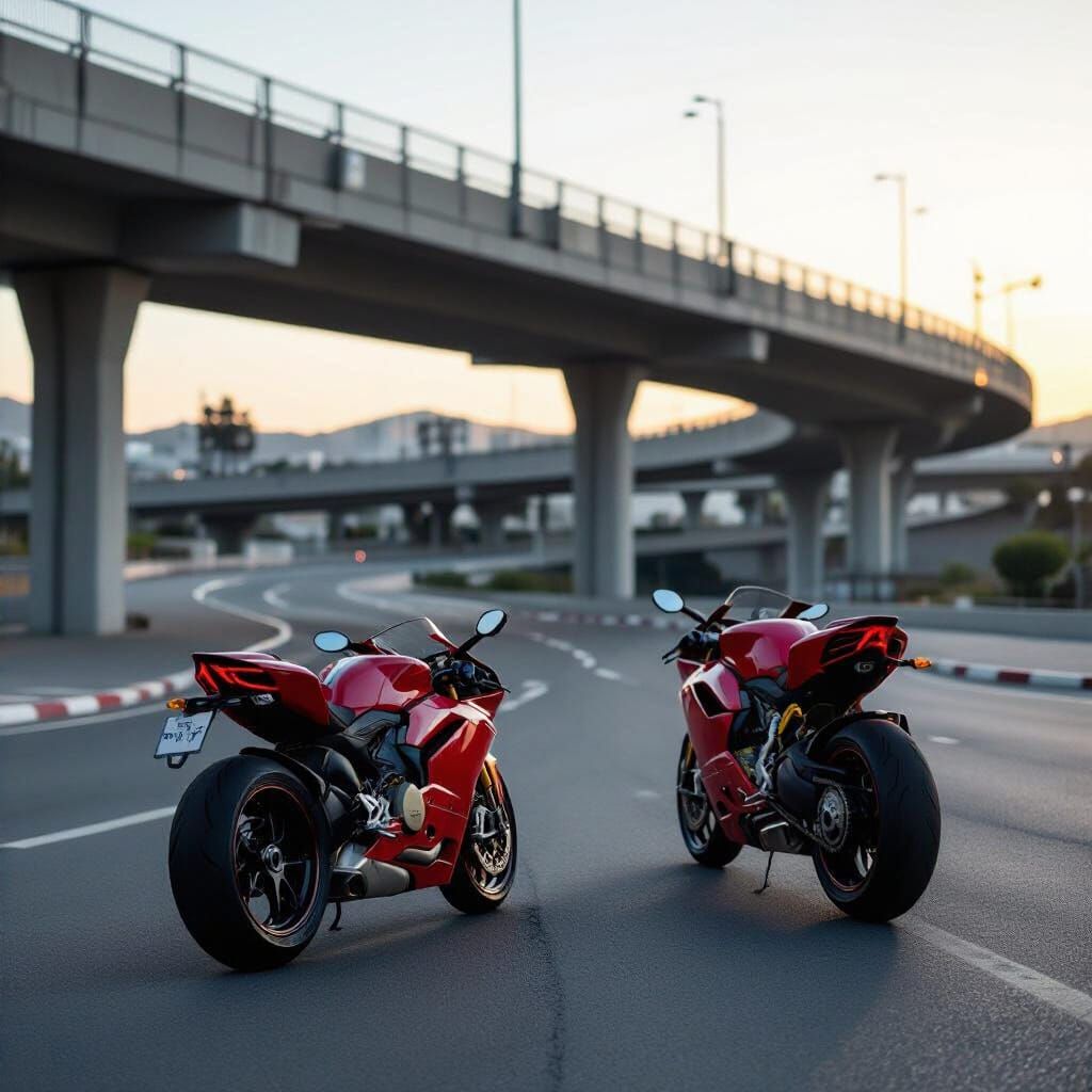 Red Ducati Motorcycles at Dawn in Cinematic Realism