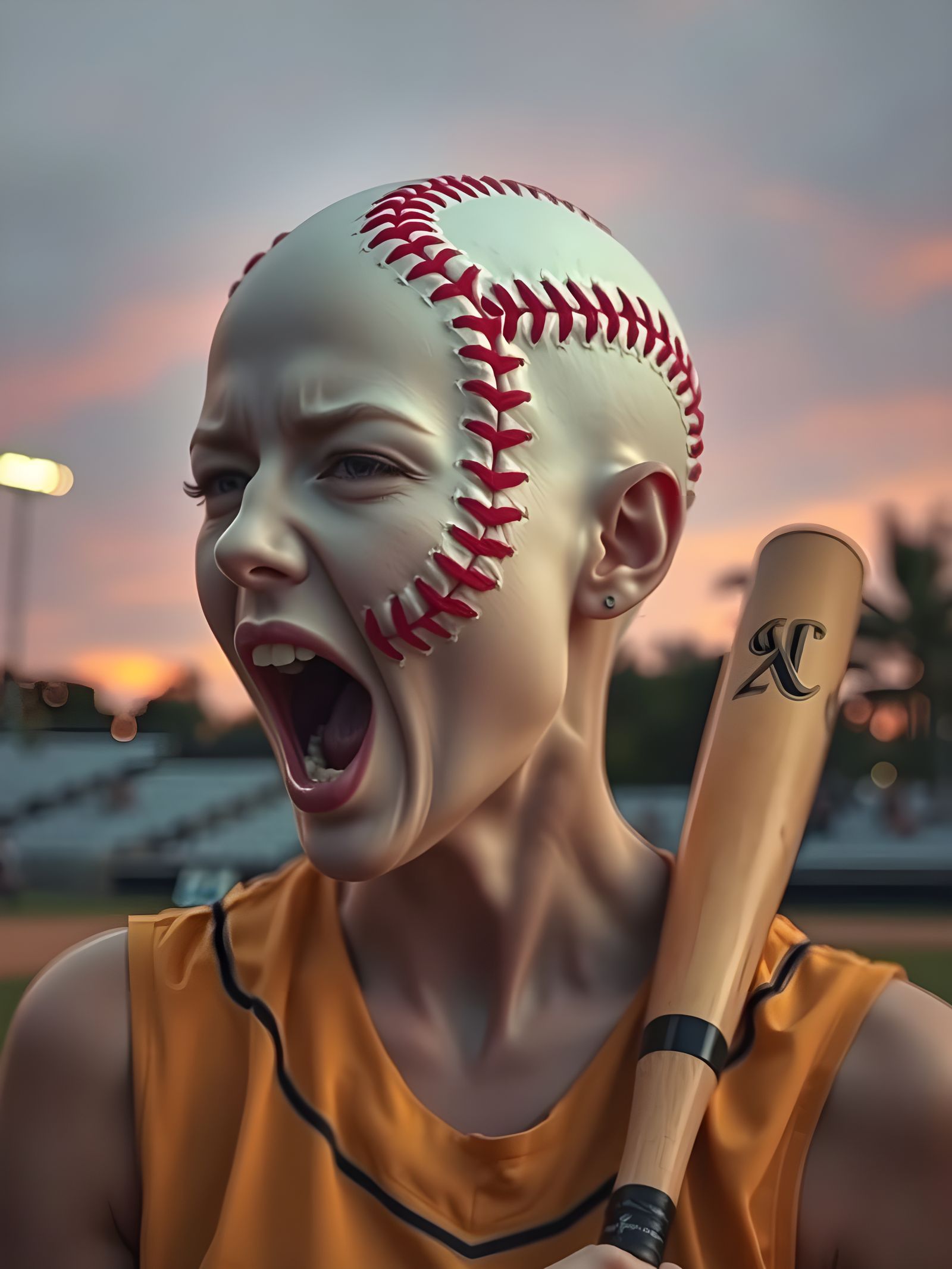 Albino Woman Surrenders to Softball Fate in Sunset Scene