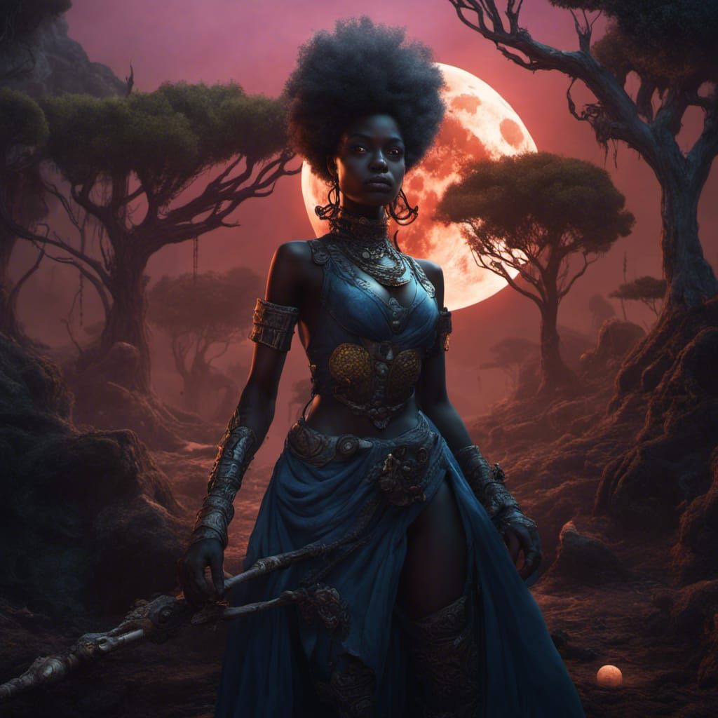 Undead Woman with Afro Before Large Moon