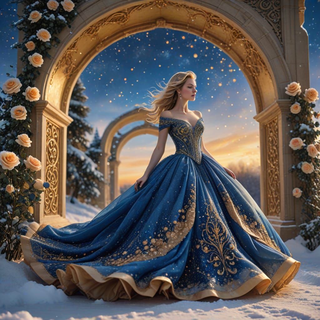 Elegant Lady in Blue and Gold Gown, Watercolor Style