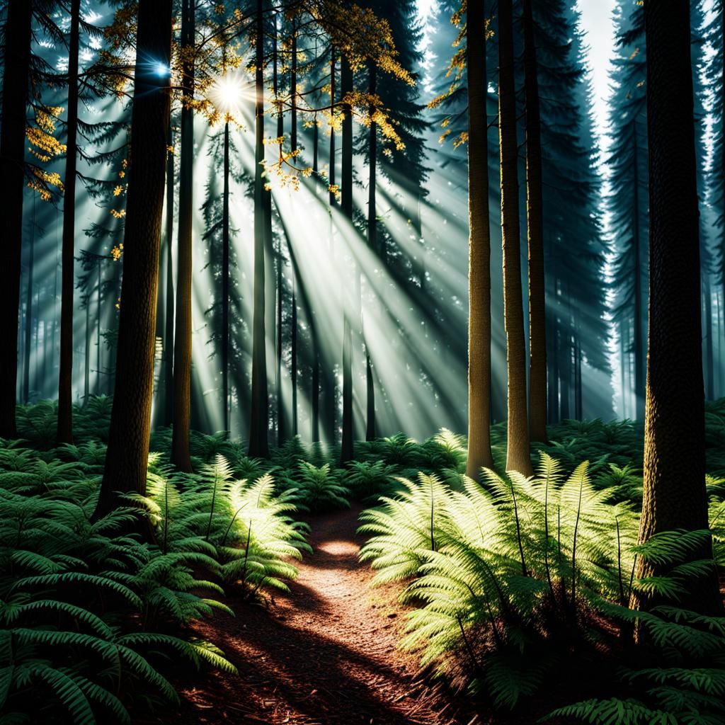 fractual light shining through a forest