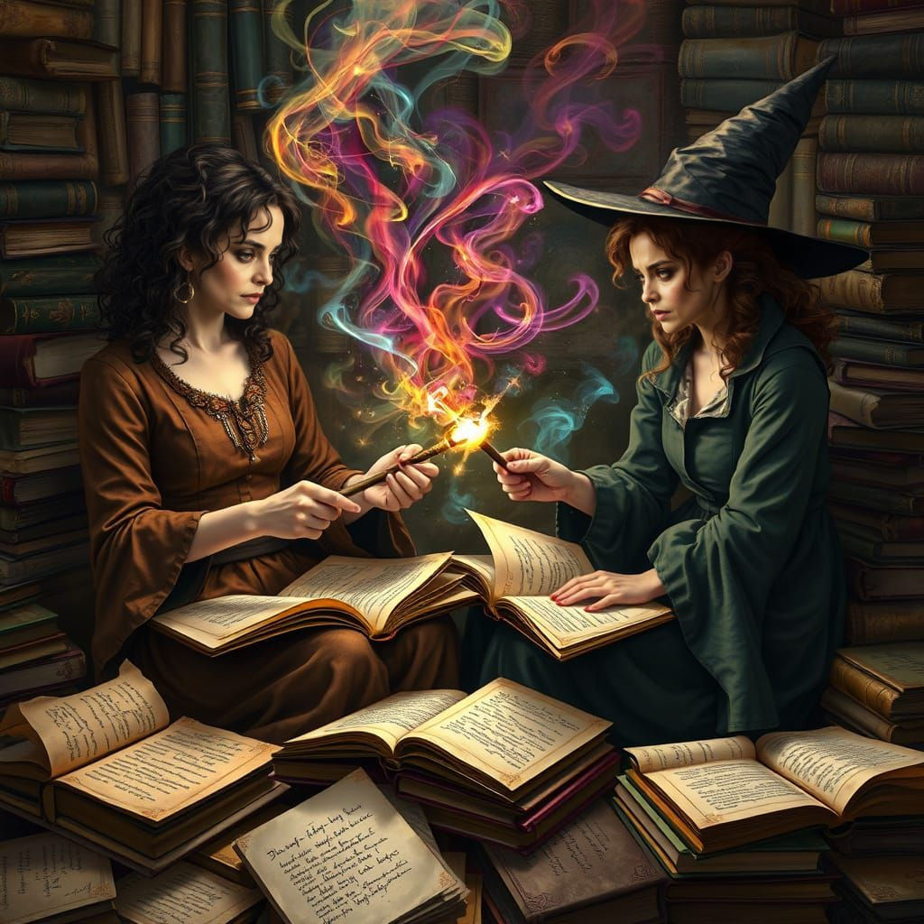 Two Witches Master the Mystical Arts Amidst Ancient Tomes