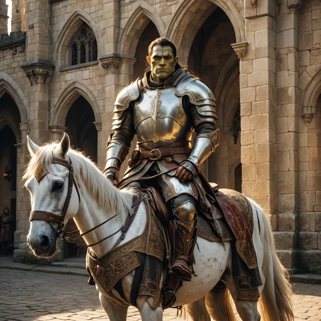 Half-Orc Knight on White Horse in Castle Court