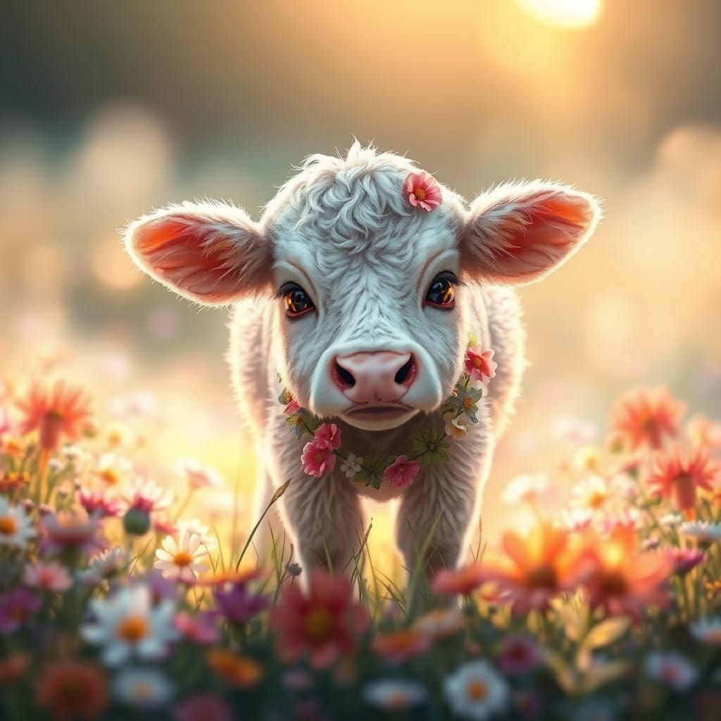 Whimsical Cow in a Dreamy Floral Meadow