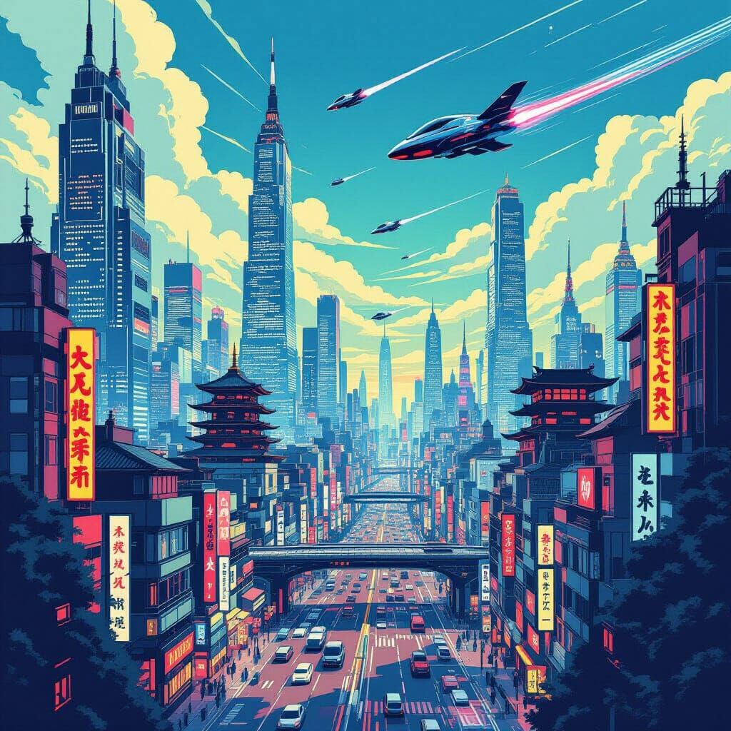 Cyberpunk Cityscape in Ukiyo-e Style