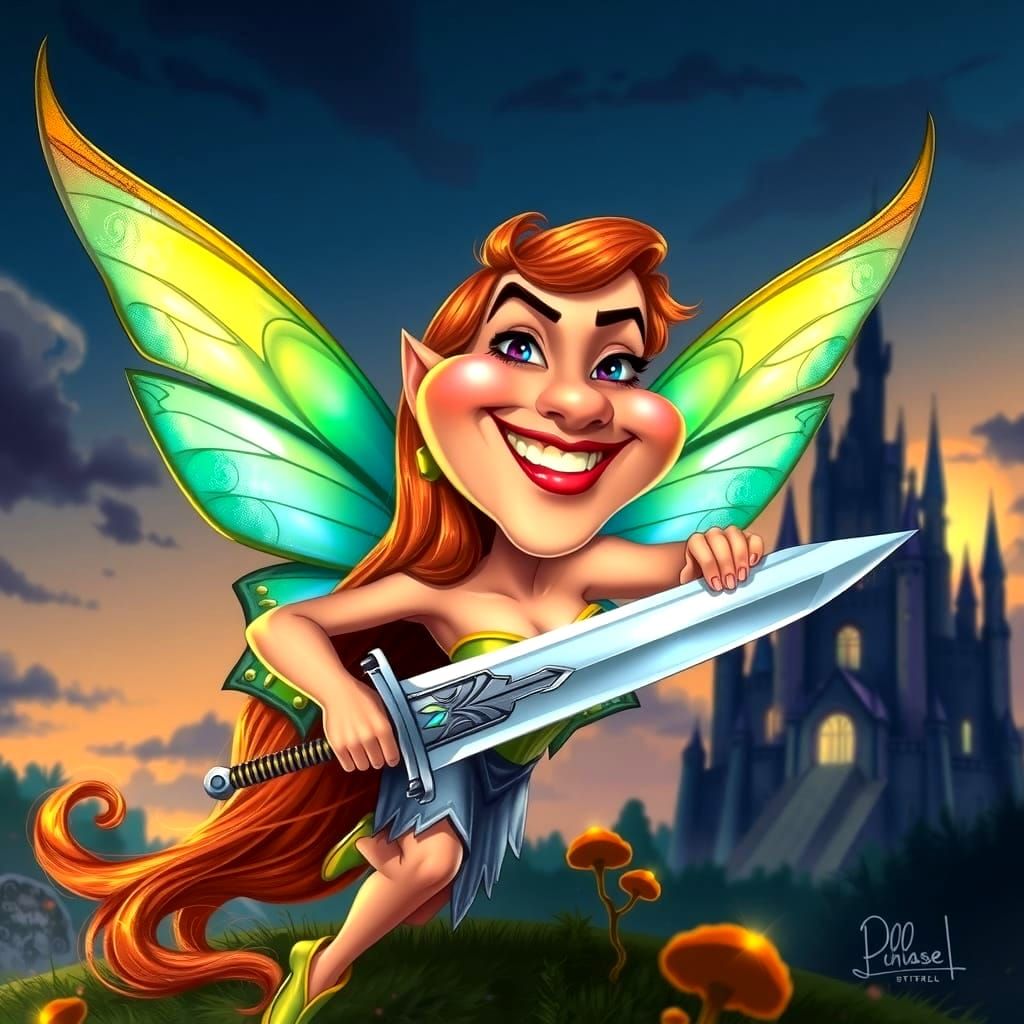 Comical Muscular Fairy Wields Giant Sword Near Castle