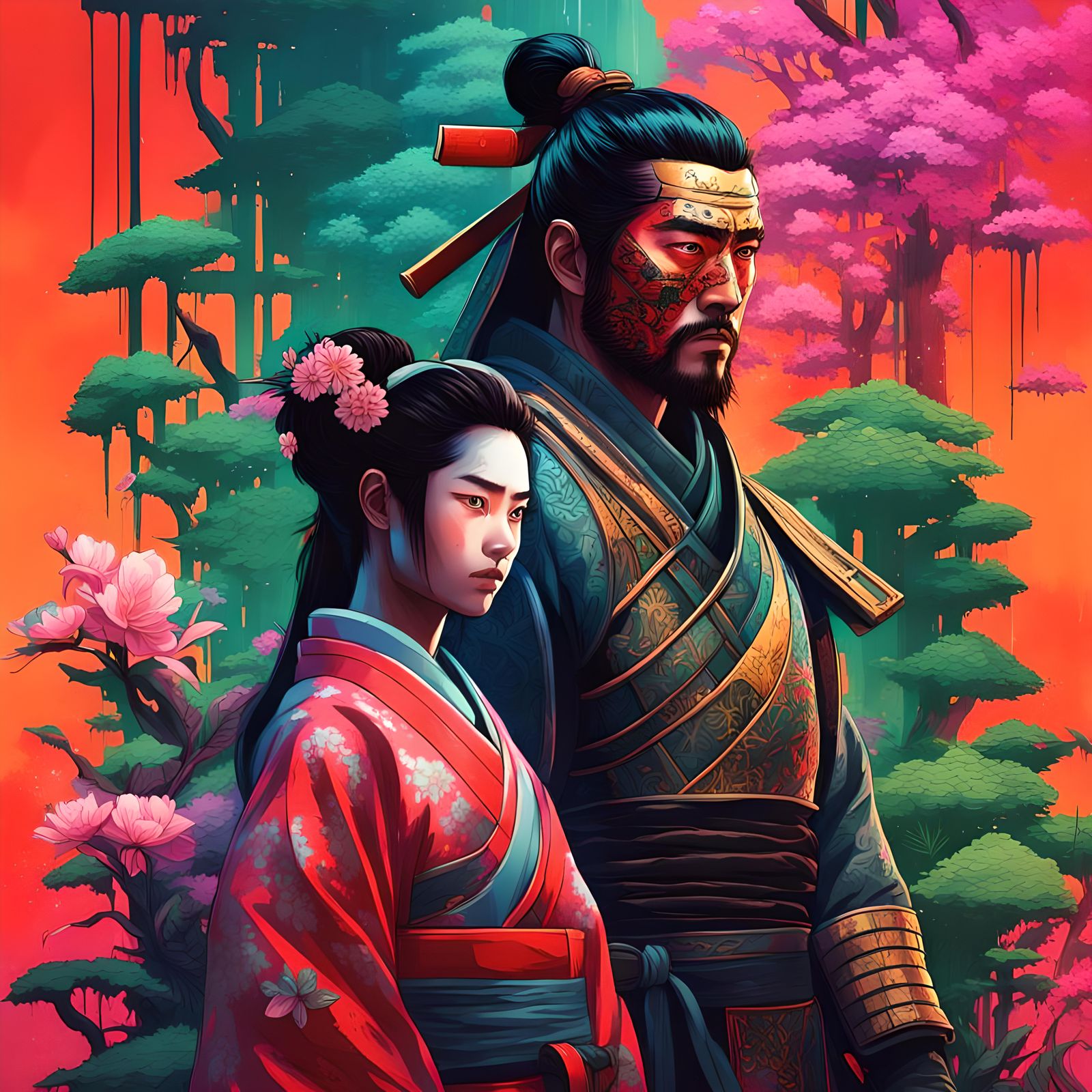 Samurai and Geisha in Post-Apocalyptic Neon Cityscape