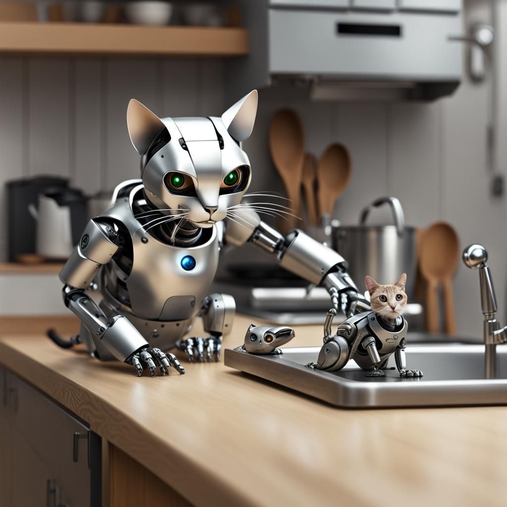 Cyborg Cat and Mouse Play in Kitchen