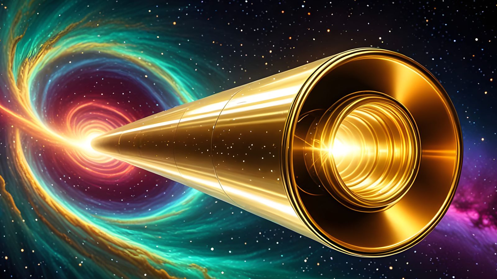 Sleek Golden Cylinder Speeds Towards Cosmic Vortex