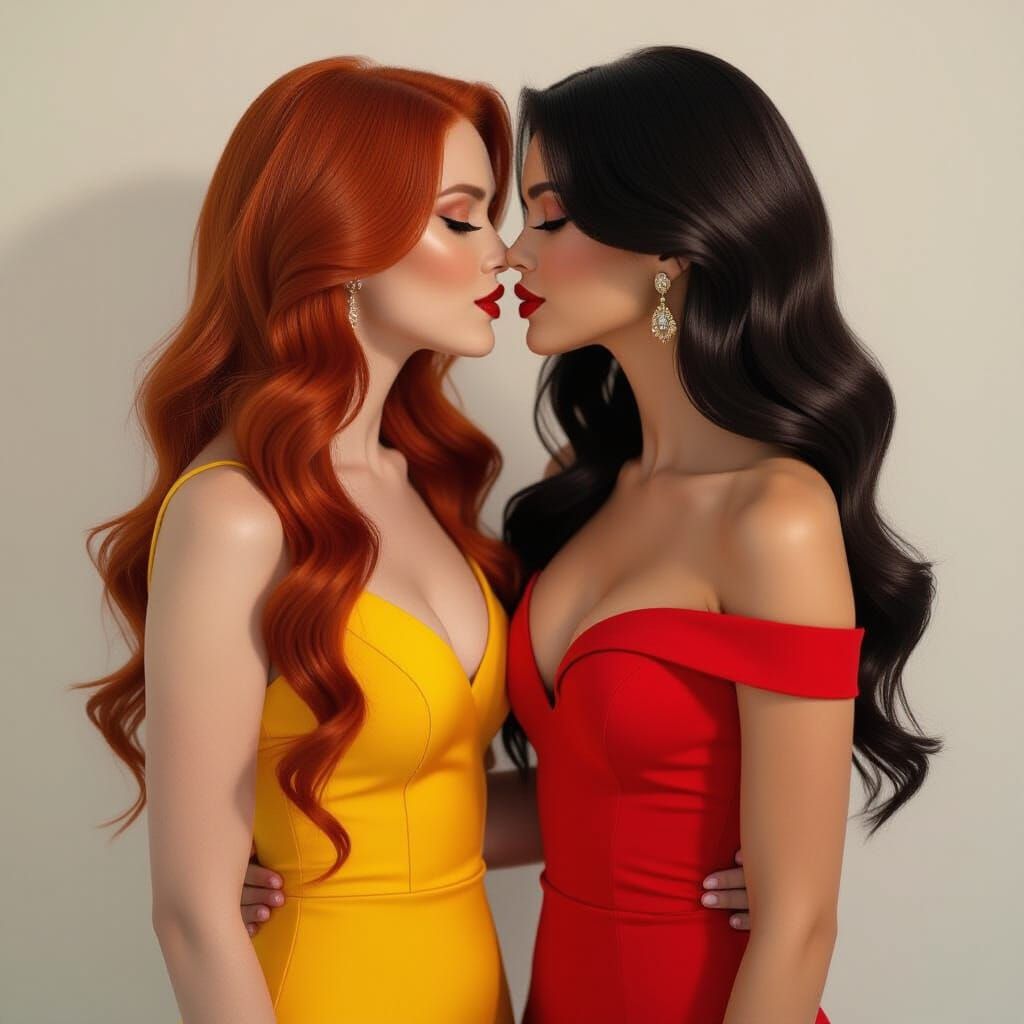 Passionate Kiss Between Two Women: Hyperrealistic Photograph...