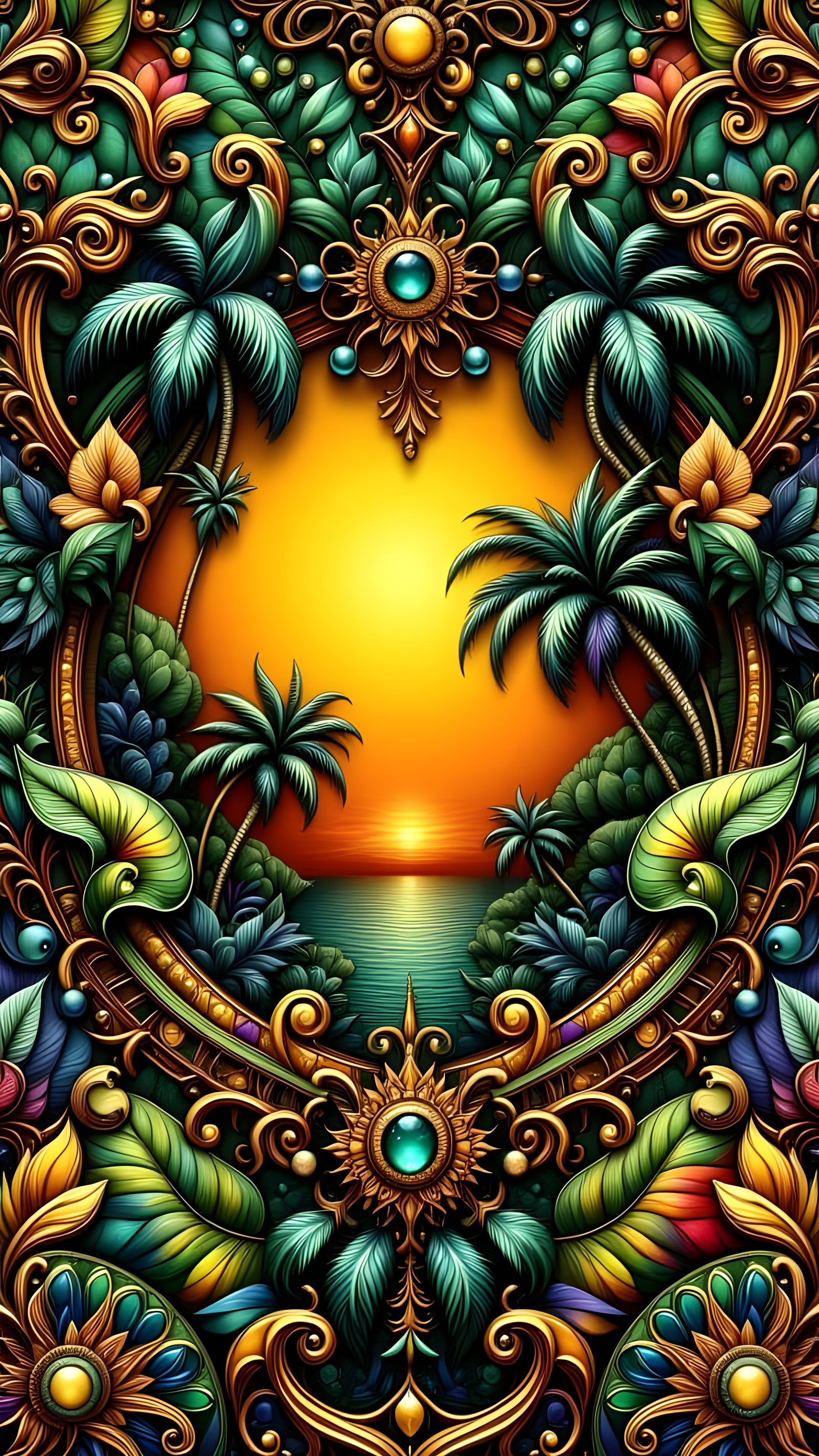 Vibrant Tropical Sunset in a Cyberpunk Aesthetic