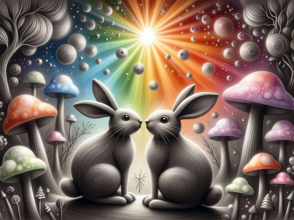 Affectionate Rabbits in a Luminescent Enchanted Forest