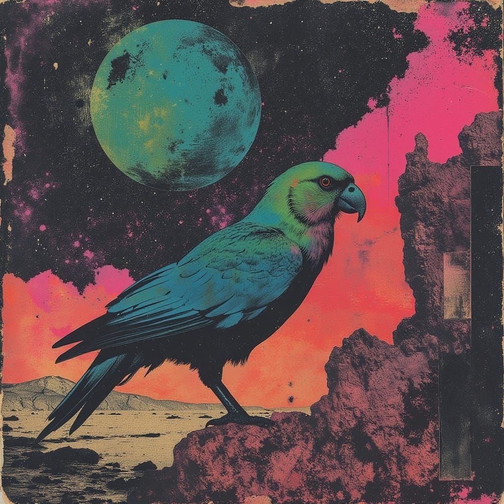 Vibrant Parrot Soars Through a Kaleidoscopic Galaxy