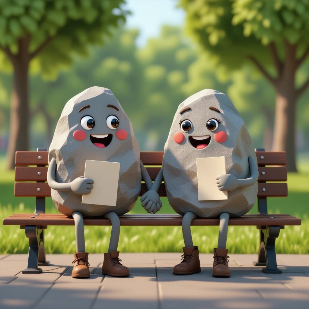 CGI Rock Paper Scissors Hold Hands on Park Bench
