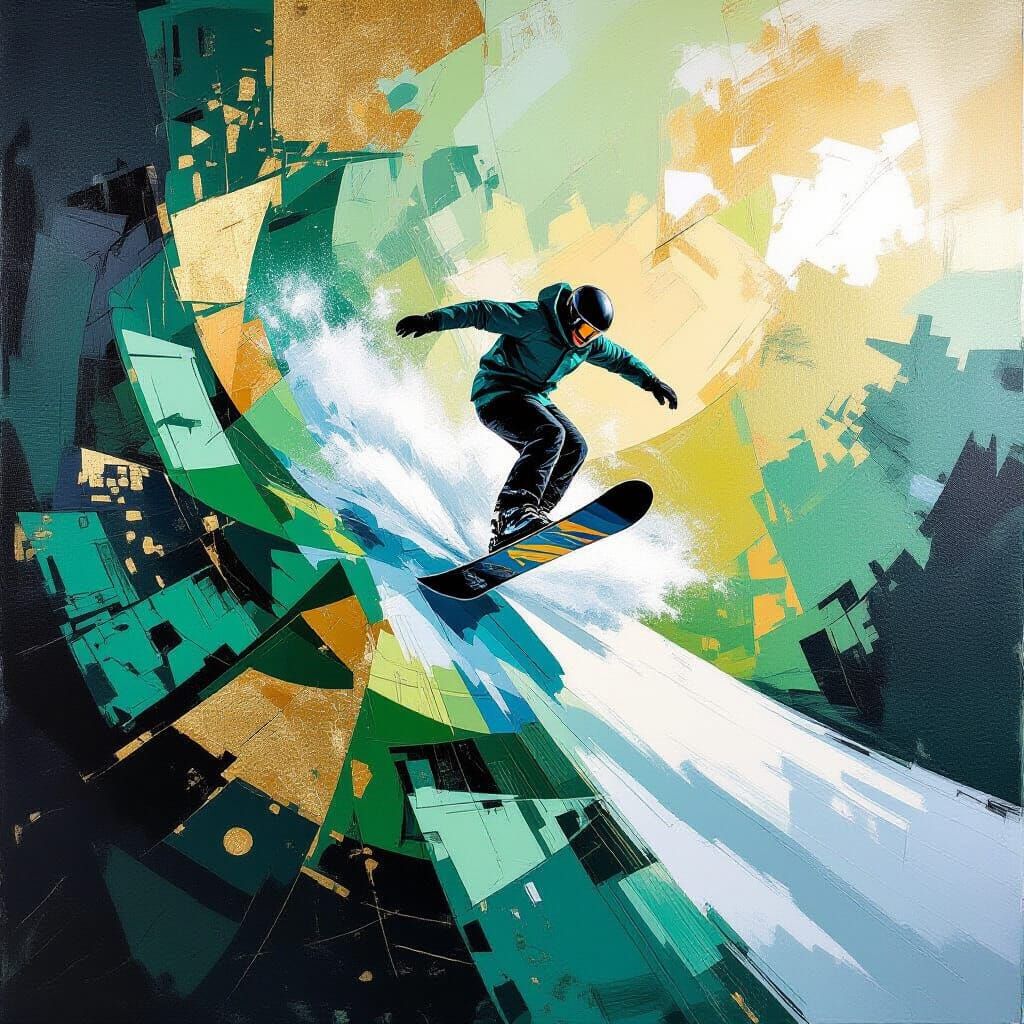 Snowboarder Soaring Above Emerald and Gold Shapes