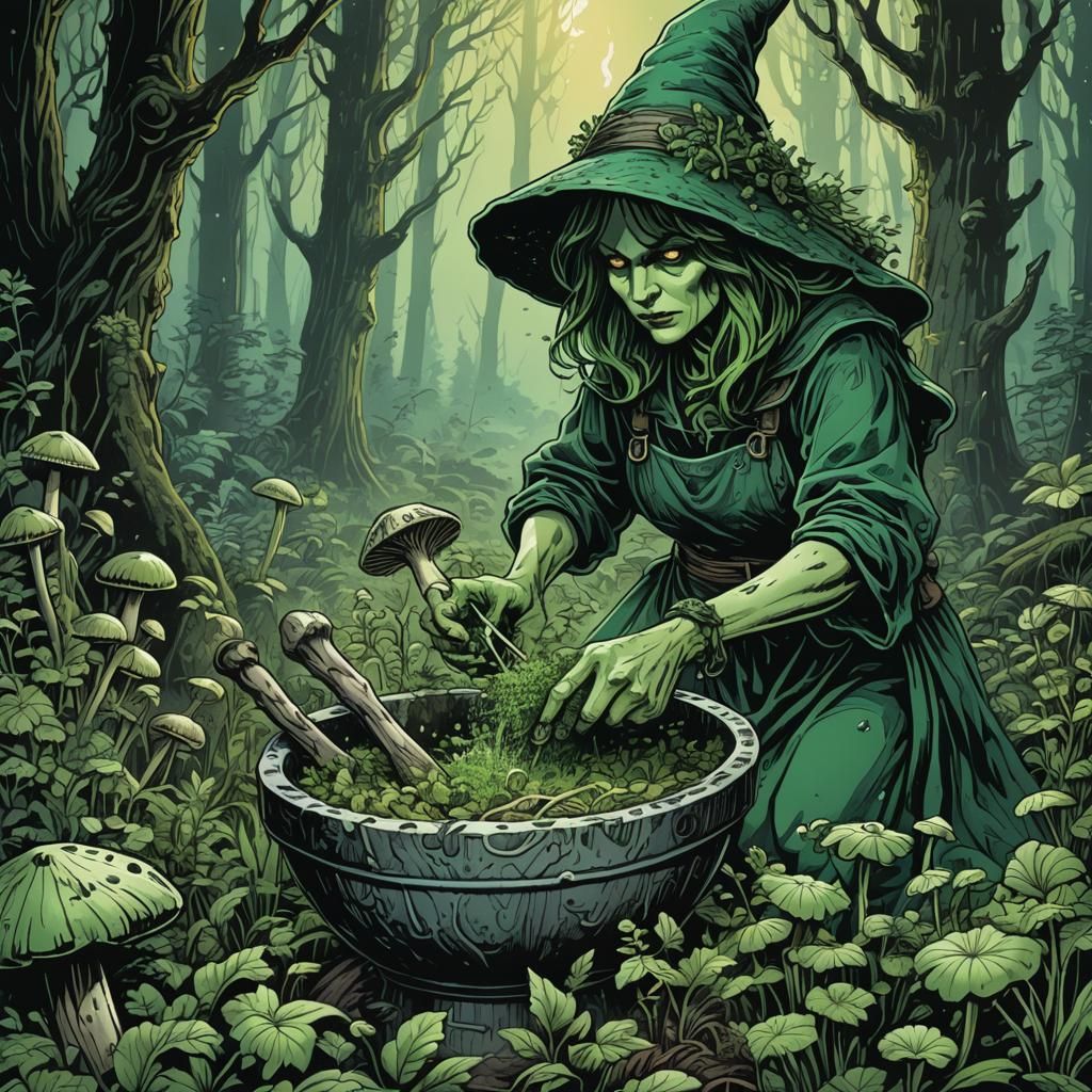 Green Witch Brewing Potion, Comic Book Illustration