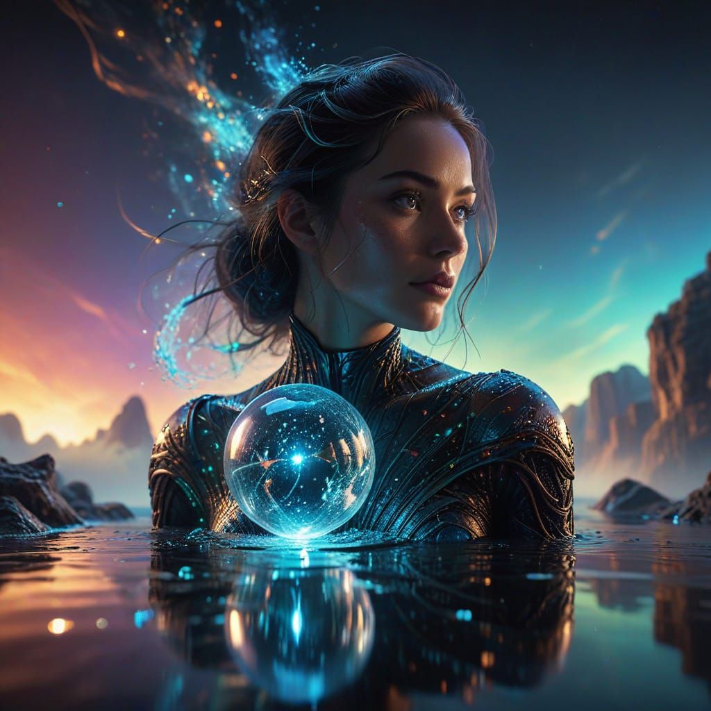 Figure Between Earth and Light Realms with Cosmic Orbs