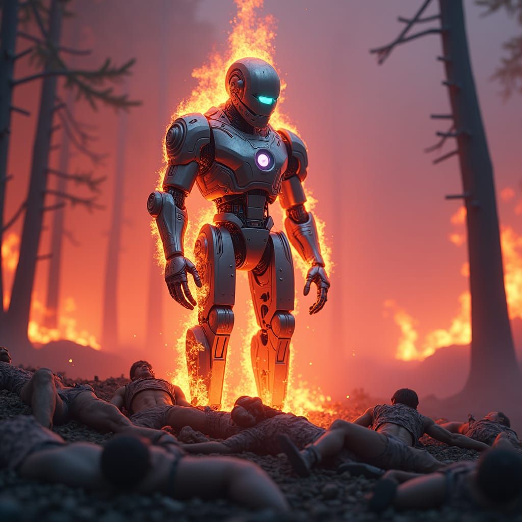 Burning Forest Robot in Hyper-Realistic Style